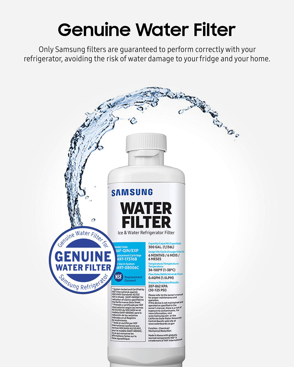 Samsung DA97-17376B Refrigerator Water Filter, Reduces Harmful Contaminants for Clean Drinking Water, Easy Install